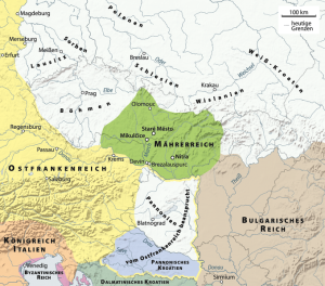 Karte des ersten Mährerreiches im Verhältnis zu Wislanen, Sorben, Schlesien und Böhmen